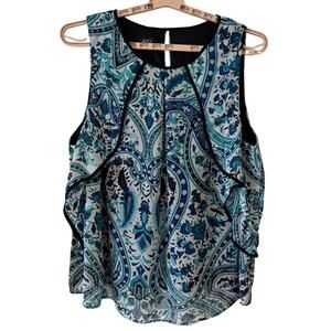 ALYX Women’s 3X Blue Paisley Sleeveless Top Blouse Lined Scoop Neck Ruffle Hem
